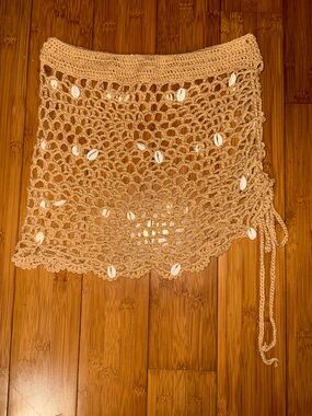Handmade Crochet Shell Accent Beach Skirt - Beige Sz S